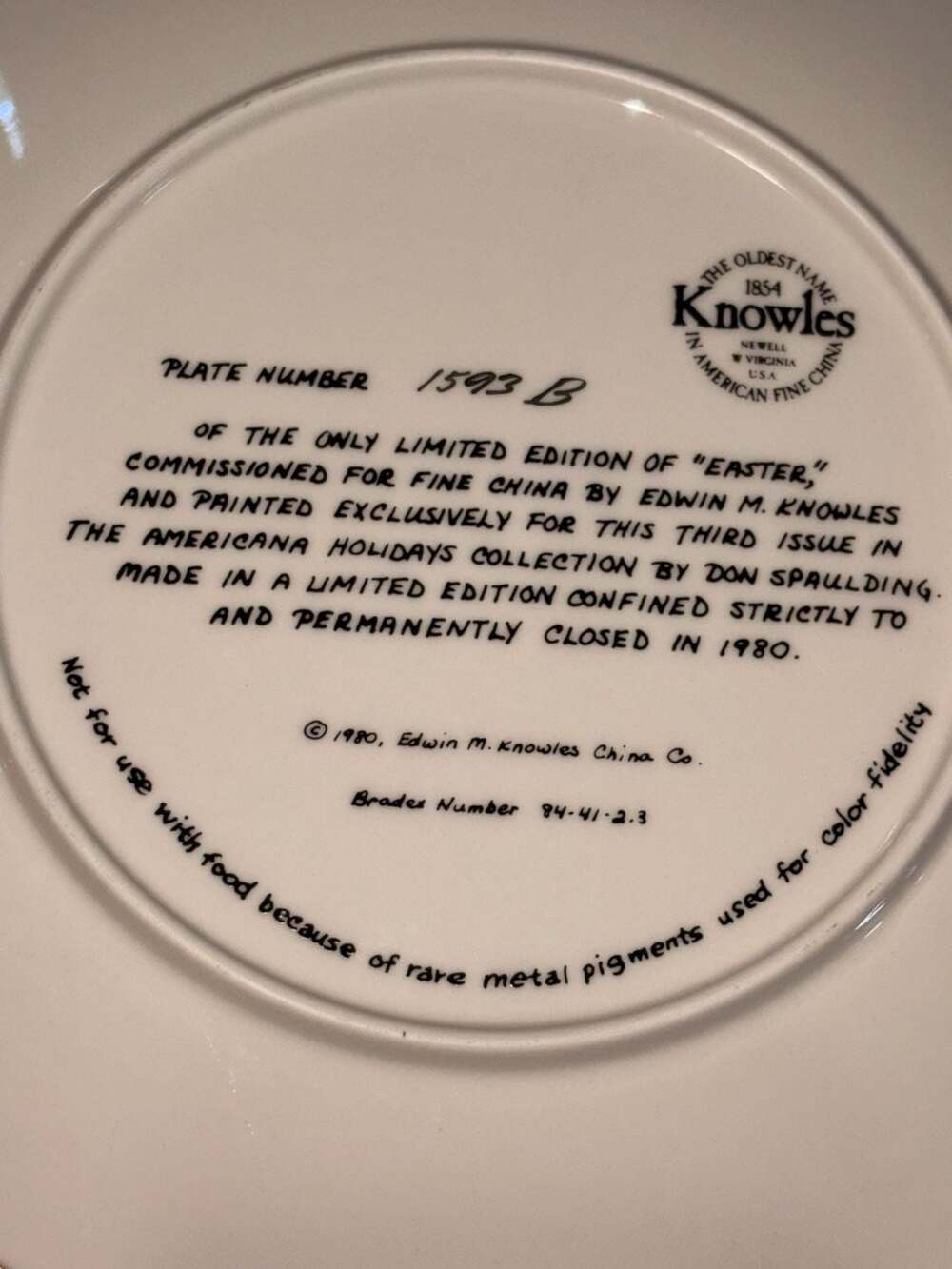 Edwin M. Knowles 1980 Americana Holidays Collection Easter Plate Spaulding